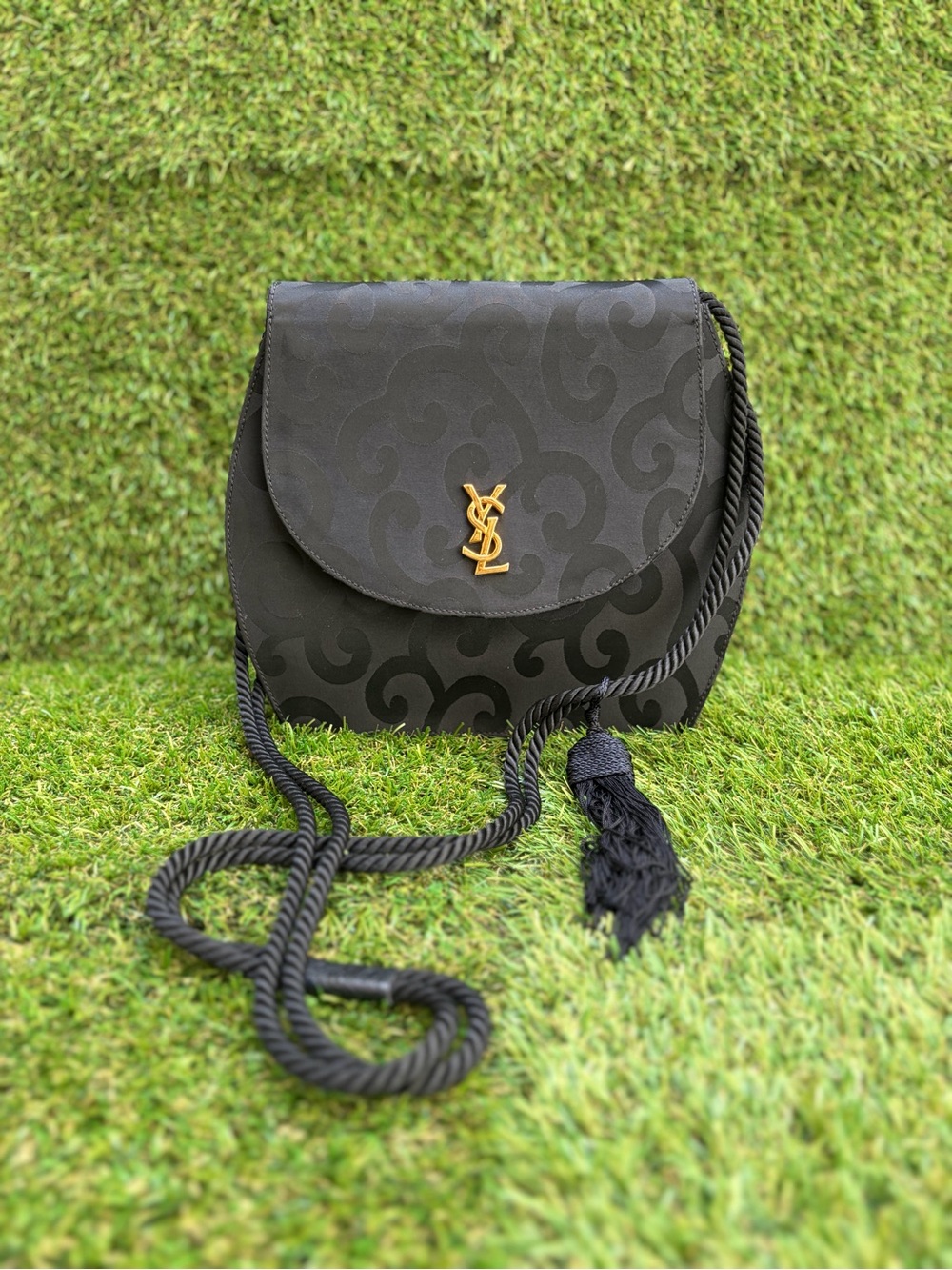 Vintage Yves Saint Laurent Black Satin Arabesque Shoulder Bag